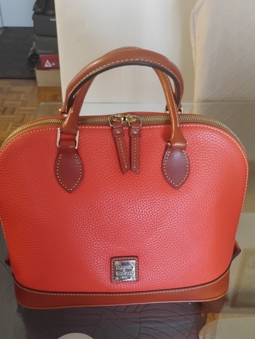 Dooney & Bourke Orange Pebbled Leather Satchel with Brown Trim
